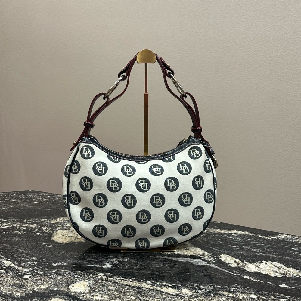 Dooney & Bourke Y2K White Logo Crescent Shoulder Bag with Dark Brown Trim - Picture 2 of 13